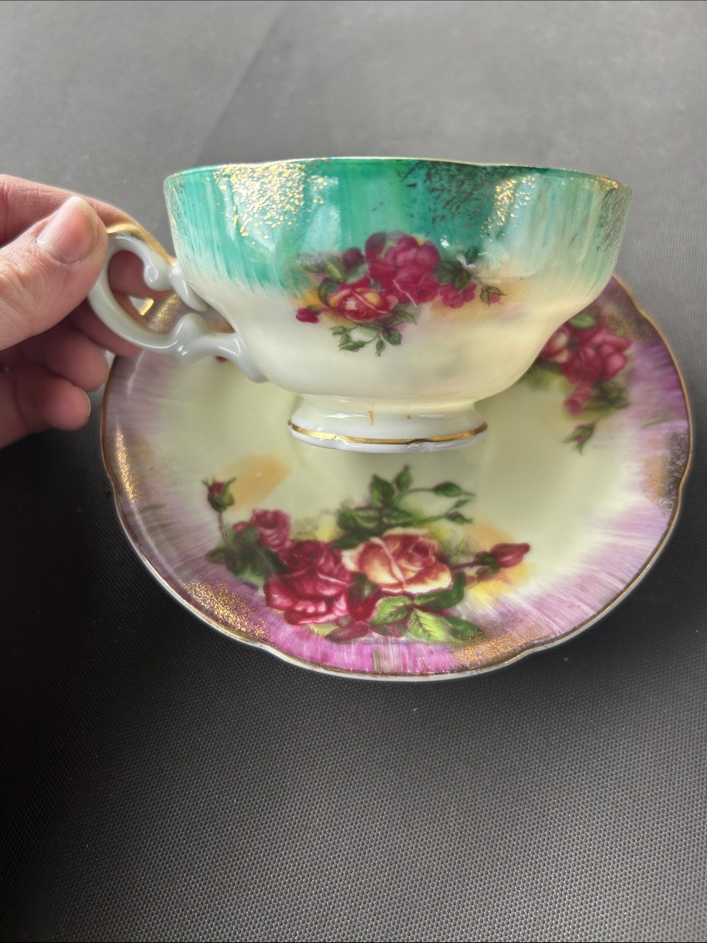 Green and Floral Vintage Teacup with Saucer